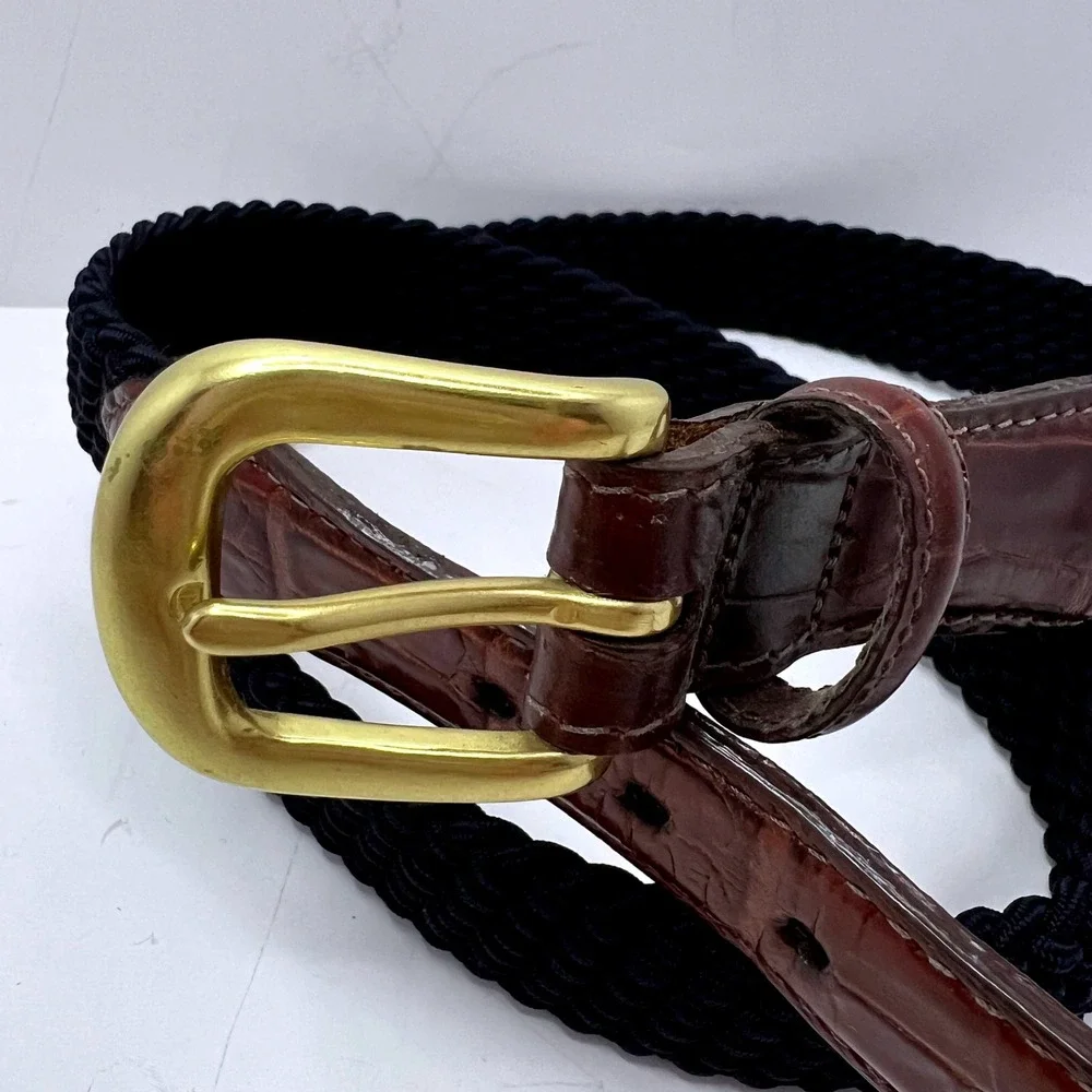 Brighton Navy Braided Cord Brown‎ Croc Leather Belt Solid Brass Buckle USA